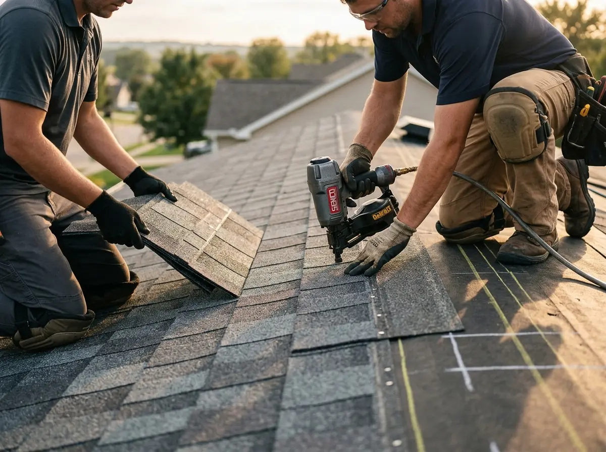 Professional roofer working on a residential roof in Emporia